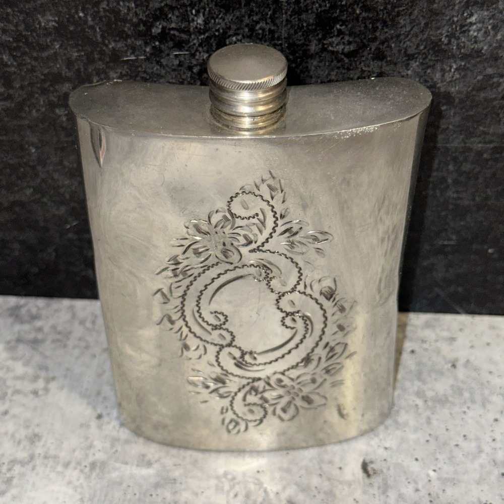 Vintage Hoffritz 8oz English Pewter Flask Sheffield England Floral